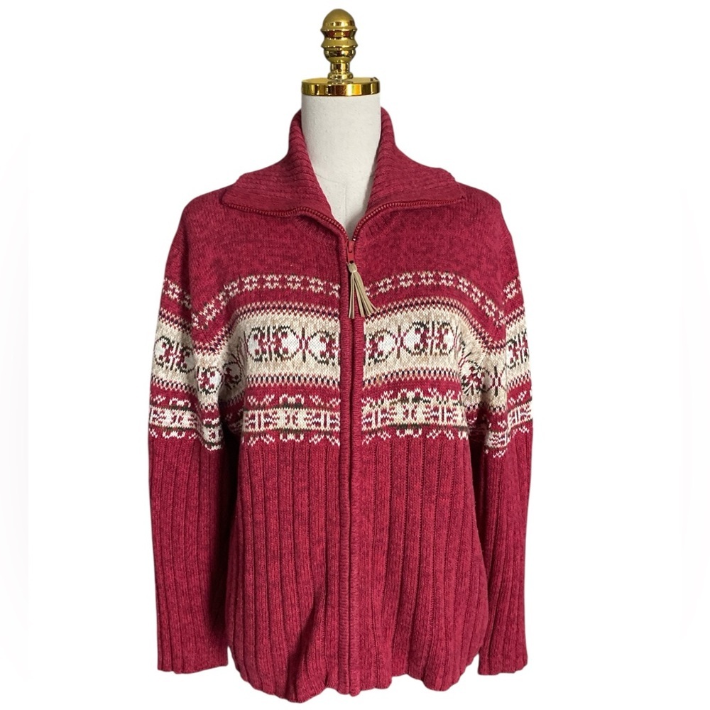 TIARA INTERNATIONAL Vintage Red Fair Isle Full Zip Cardigan Sweater Size XL